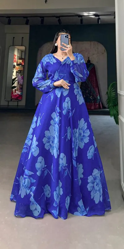 YNF 5011 Royal Blue Color Chiffon Floral Printed Party Wear Gown Casual, Wedding, Party, Festive, Events Etc. Expected Delivery 4-6 Working Days @1499/- | Bollywood Gowns, Creative Gowns, Designer Gowns, Embroidered Gowns, Gowns, Party Wear Gowns