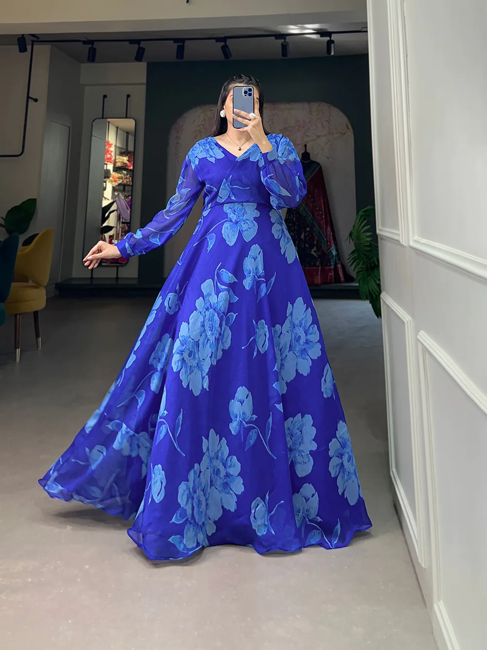 YNF 5011 Royal Blue Color Chiffon Floral Printed Party Wear Gown Casual, Wedding, Party, Festive, Events Etc. Expected Delivery 4-6 Working Days @1499/- | Bollywood Gowns, Creative Gowns, Designer Gowns, Embroidered Gowns, Gowns, Party Wear Gowns