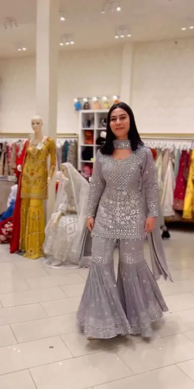 ZSR 3010 Grey Color Faux Georgette Embroidery Work Sharara Suit Casual, Wedding, Party, Festive, Events Etc. Expected Delivery 4-6 Working Days @2349/- | Jump Suits, Casual Suits, Creative suits, Designer Suits, Palazzo Suits, Party Wear Suits, Patiala Suits, Salwar suit, Straight Suits