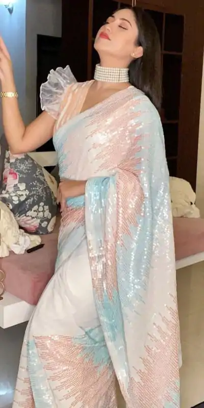 JR 556 White Color Soft georgette shaded sequence work Saree Casual, Party Wear, Wedding, Events Etc. Expected Delivery 4-6 Working Days 1699/- | Bollywood Sarees, Creative Sarees, Designer Sarees, Embroidered Sarees, Ethnic Saree, Modern Digital sarees, Party Wear Sarees, Sarees