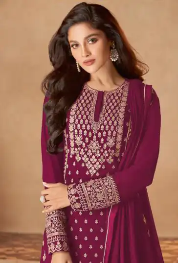 FC 128 Wine Color Georgette Sequins Work Sharara Suit Wedding, Party, Festive, Events Etc. Expected Delivery 4-6 Working Days @2199/- | Jump Suits, Casual Suits, Creative suits, Designer Suits, Palazzo Suits, Party Wear Suits, Patiala Suits, Salwar suit, Straight Suits