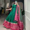 Traditional Wear Green Color Tussar Silk Foil Printed Gown