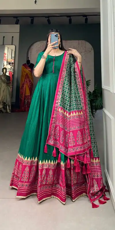 YNF 5007 Green Color Tussar Silk Print With Foil Printed Gown Casual, Wedding, Party, Festive, Events Etc. Expected Delivery 4-6 Working Days @2049/- | Bollywood Gowns, Creative Gowns, Designer Gowns, Embroidered Gowns, Gowns, Party Wear Gowns