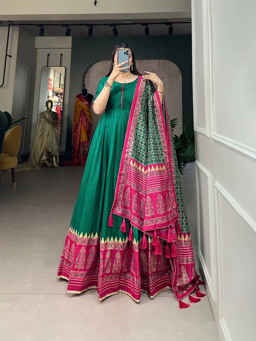 YNF 5007 Green Color Tussar Silk Print With Foil Printed Gown Casual, Wedding, Party, Festive, Events Etc. Expected Delivery 4-6 Working Days @2049/- | Bollywood Gowns, Creative Gowns, Designer Gowns, Embroidered Gowns, Gowns, Party Wear Gowns