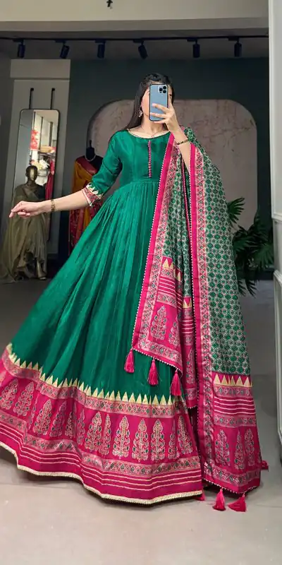 YNF 5007 Green Color Tussar Silk Print With Foil Printed Gown Casual, Wedding, Party, Festive, Events Etc. Expected Delivery 4-6 Working Days @2049/- | Bollywood Gowns, Creative Gowns, Designer Gowns, Embroidered Gowns, Gowns, Party Wear Gowns