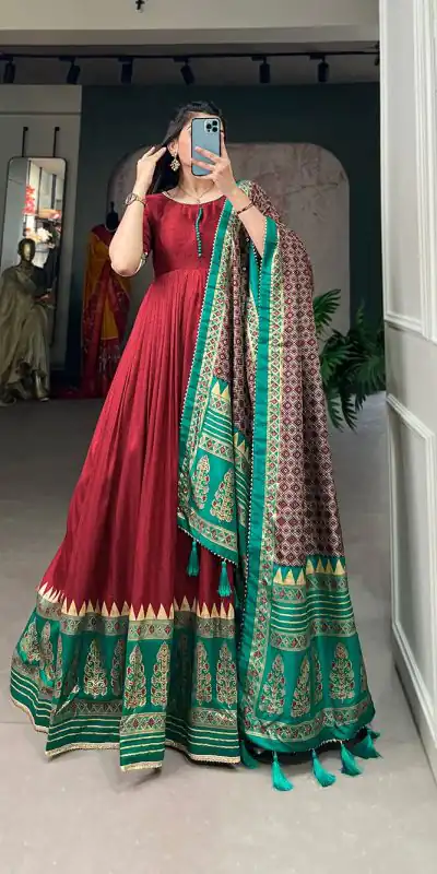 YNF 5007 Maroon Color Tussar Silk Print With Foil Printed Gown Casual, Wedding, Party, Festive, Events Etc. Expected Delivery 4-6 Working Days @2049/- | Bollywood Gowns, Creative Gowns, Designer Gowns, Embroidered Gowns, Gowns, Party Wear Gowns