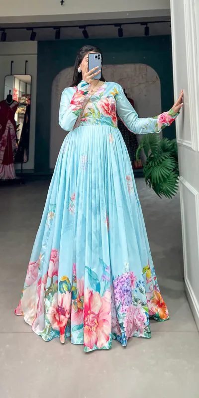 YNF 5018 Blue Color tussah silk Floral Printed gown Casual, Wedding, Party, Festive, Events Etc. Expected Delivery 4-6 Working Days @1899/- | Bollywood Gowns, Creative Gowns, Designer Gowns, Embroidered Gowns, Gowns, Party Wear Gowns