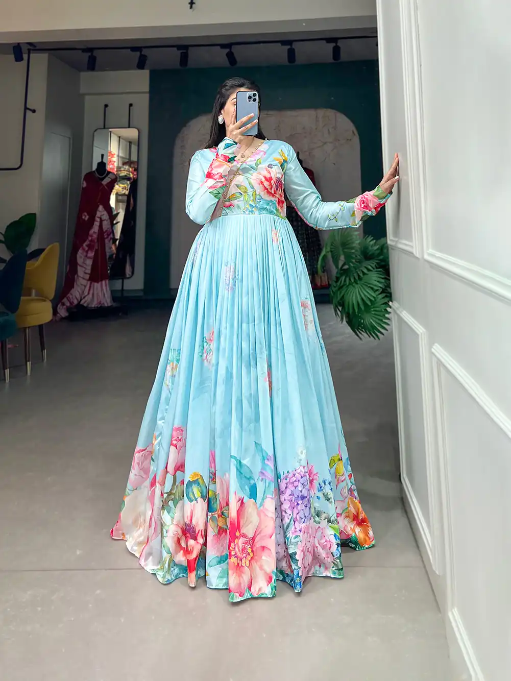 YNF 5018 Blue Color tussah silk Floral Printed gown Casual, Wedding, Party, Festive, Events Etc. Expected Delivery 4-6 Working Days @1899/- | Bollywood Gowns, Creative Gowns, Designer Gowns, Embroidered Gowns, Gowns, Party Wear Gowns
