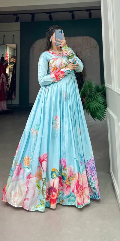 tussah silk dress Silk Gown Latest Traditional Gown Designs Marvelous Blue Color Tussah Silk Floral Printed Gown