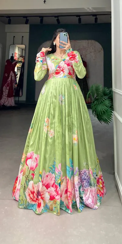 YNF 5018 Green Color tussah silk Floral Printed Gown Casual, Wedding, Party, Festive, Events Etc. Expected Delivery 4-6 Working Days @1899/- | Bollywood Gowns, Creative Gowns, Designer Gowns, Embroidered Gowns, Gowns, Party Wear Gowns
