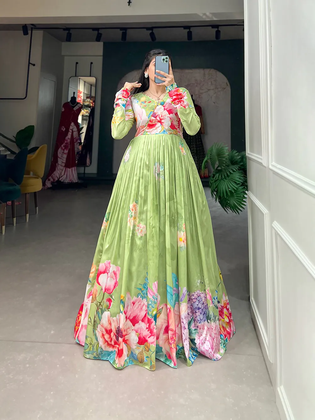 YNF 5018 Green Color tussah silk Floral Printed Gown Casual, Wedding, Party, Festive, Events Etc. Expected Delivery 4-6 Working Days @1899/- | Bollywood Gowns, Creative Gowns, Designer Gowns, Embroidered Gowns, Gowns, Party Wear Gowns