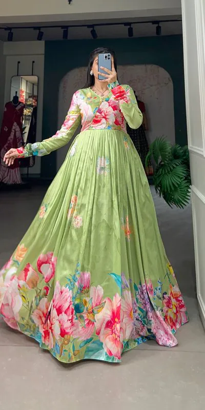YNF 5018 Green Color tussah silk Floral Printed Gown Casual, Wedding, Party, Festive, Events Etc. Expected Delivery 4-6 Working Days @1899/- | Bollywood Gowns, Creative Gowns, Designer Gowns, Embroidered Gowns, Gowns, Party Wear Gowns