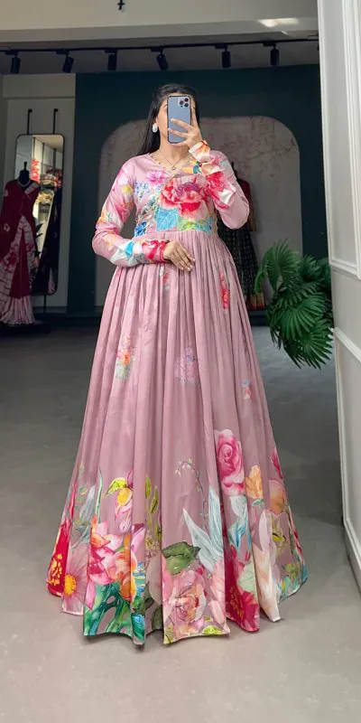 YNF 5018 Onion Pink Color tussah silk Floral Printed Gown Casual, Wedding, Party, Festive, Events Etc. Expected Delivery 4-6 Working Days @1899/- | Bollywood Gowns, Creative Gowns, Designer Gowns, Embroidered Gowns, Gowns, Party Wear Gowns