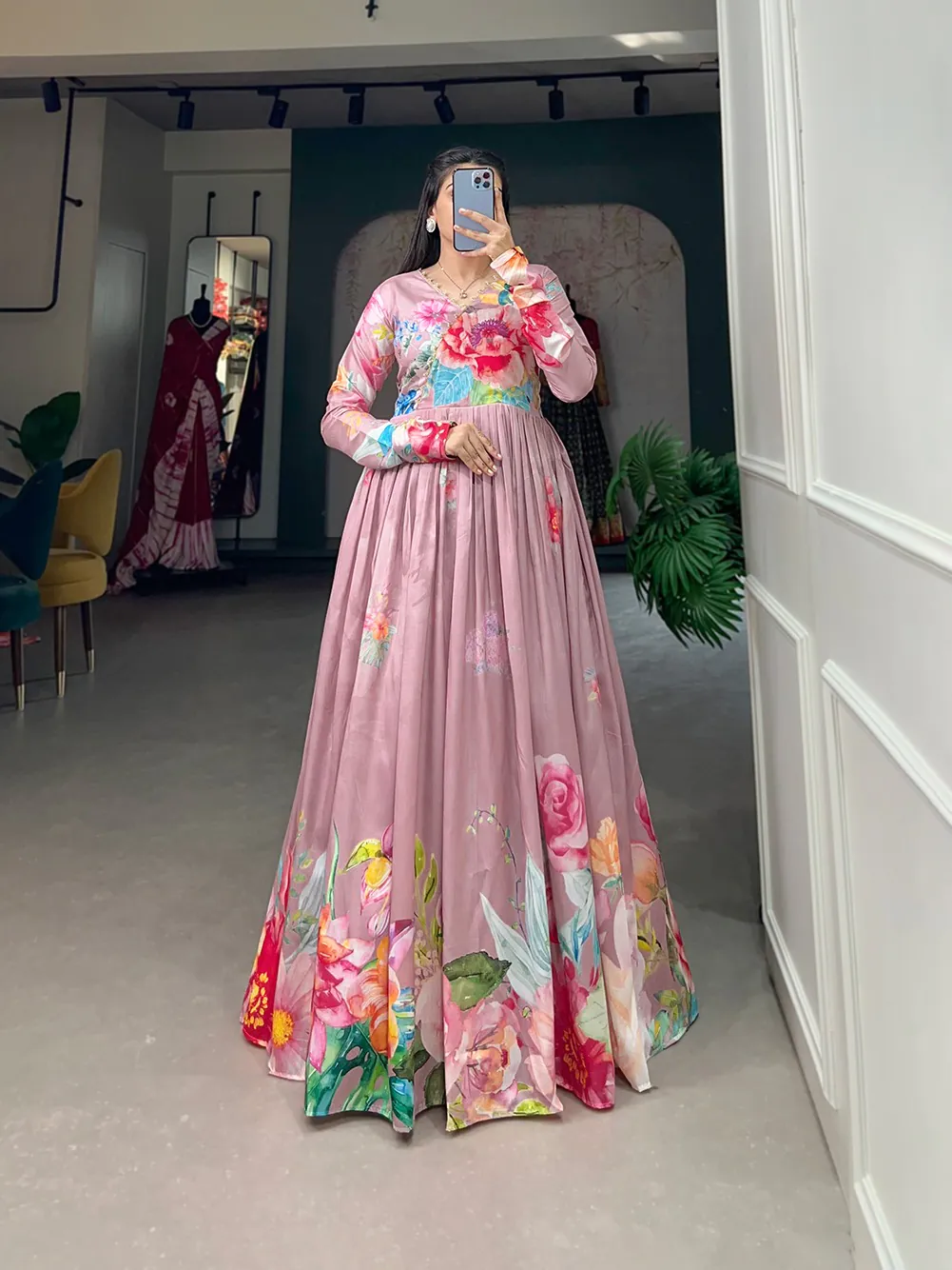YNF 5018 Onion Pink Color tussah silk Floral Printed Gown Casual, Wedding, Party, Festive, Events Etc. Expected Delivery 4-6 Working Days @1899/- | Bollywood Gowns, Creative Gowns, Designer Gowns, Embroidered Gowns, Gowns, Party Wear Gowns
