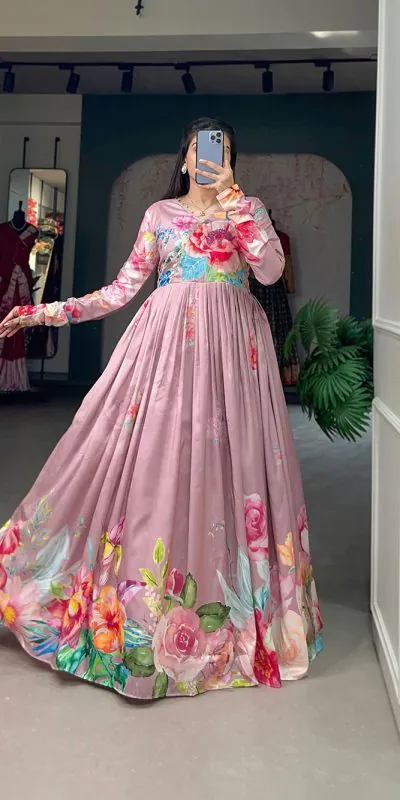 YNF 5018 Onion Pink Color tussah silk Floral Printed Gown Casual, Wedding, Party, Festive, Events Etc. Expected Delivery 4-6 Working Days @1899/- | Bollywood Gowns, Creative Gowns, Designer Gowns, Embroidered Gowns, Gowns, Party Wear Gowns