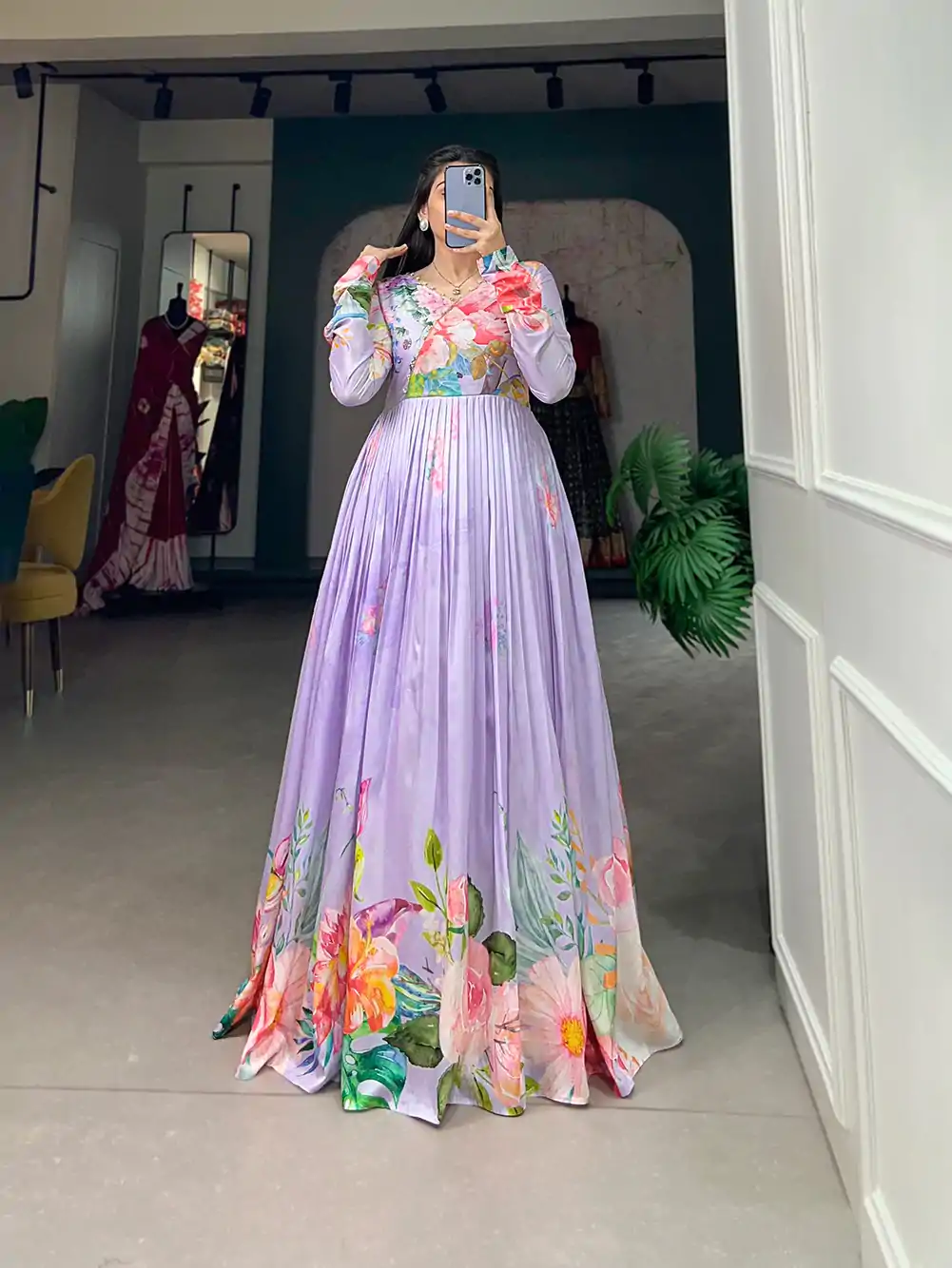 YNF 5018 Purple Color tussah silk Floral Printed Gown Casual, Wedding, Party, Festive, Events Etc. Expected Delivery 4-6 Working Days @1899/- | Bollywood Gowns, Creative Gowns, Designer Gowns, Embroidered Gowns, Gowns, Party Wear Gowns