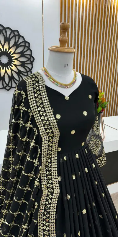 ZF 359 Black Color Georgette Embroidery Sequence Work Gown Casual, Wedding, Party, Festive, Events Etc. Expected Delivery 4-6 Working Days @1999/- | Bollywood Gowns, Creative Gowns, Designer Gowns, Embroidered Gowns, Gowns, Party Wear Gowns