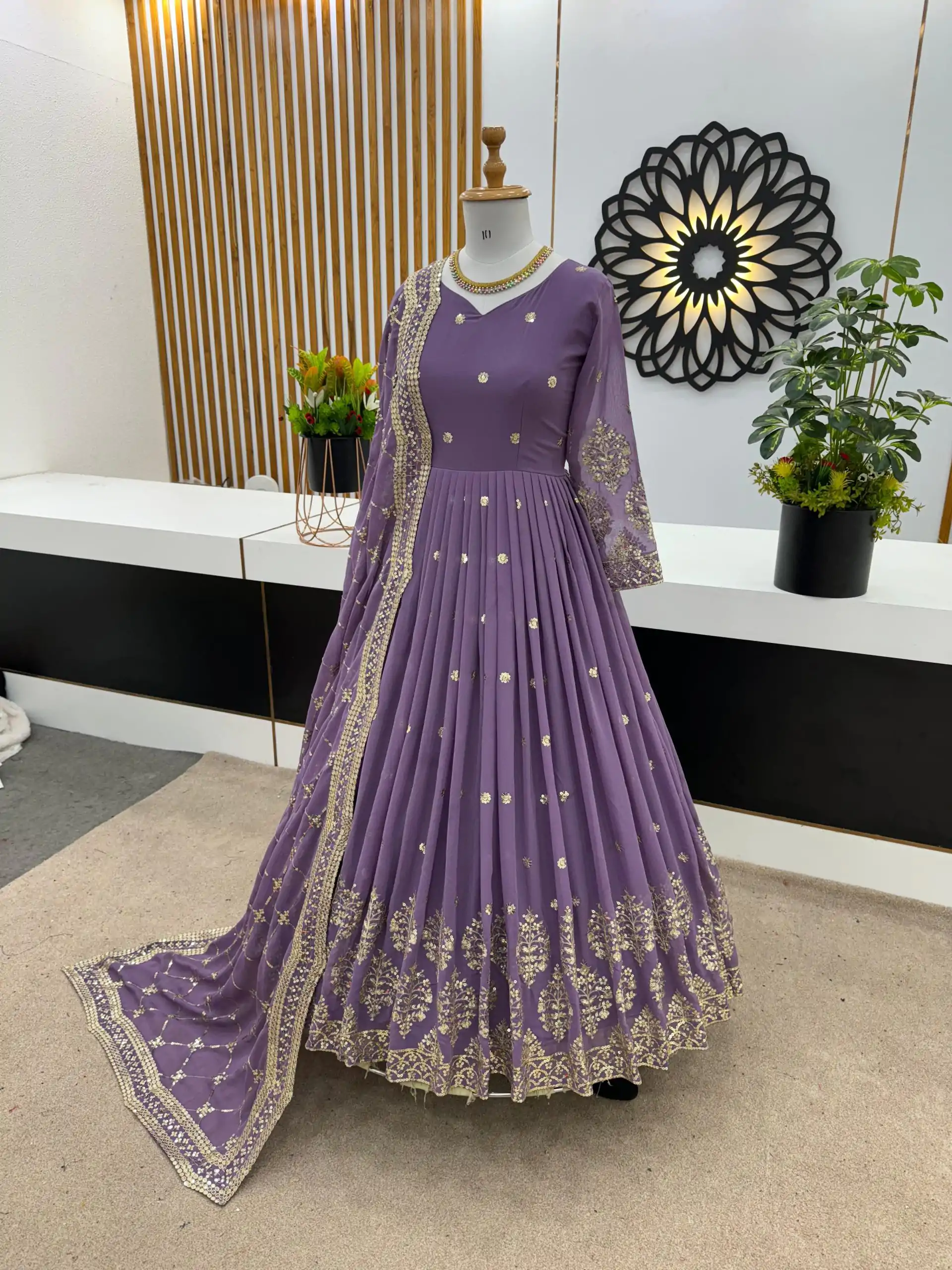 ZF 359 Light Purple Color Georgette Embroidery Sequence Work Gown Casual, Wedding, Party, Festive, Events Etc. Expected Delivery 4-6 Working Days @1999/- | Bollywood Gowns, Creative Gowns, Designer Gowns, Embroidered Gowns, Gowns, Party Wear Gowns