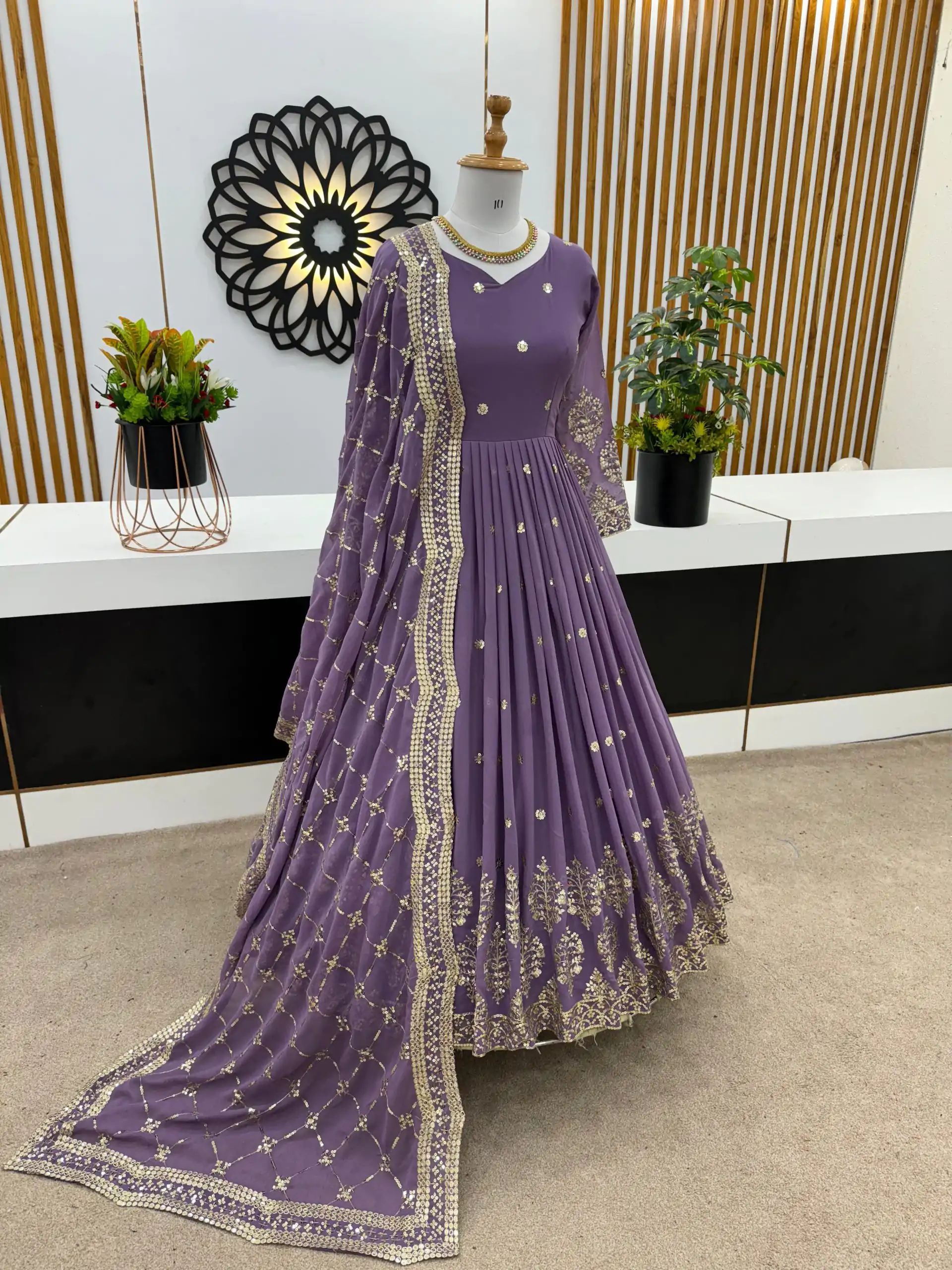 ZF 359 Light Purple Color Georgette Embroidery Sequence Work Gown Casual, Wedding, Party, Festive, Events Etc. Expected Delivery 4-6 Working Days @1999/- | Bollywood Gowns, Creative Gowns, Designer Gowns, Embroidered Gowns, Gowns, Party Wear Gowns