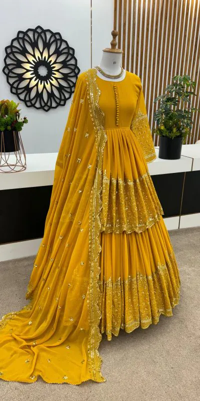 ZF 362 Yellow Faux Georgette With Heavy Embroidery Sequence Work Lehenga Choli Wedding, Party, Events Etc. Expected Delivery 4-6 Working Days 2099/- | Bollywood Lehenga, Creative Lehenga, Designer Lehenga, Embroidered Lehenga, Lehenga, Party Wear Lehenga