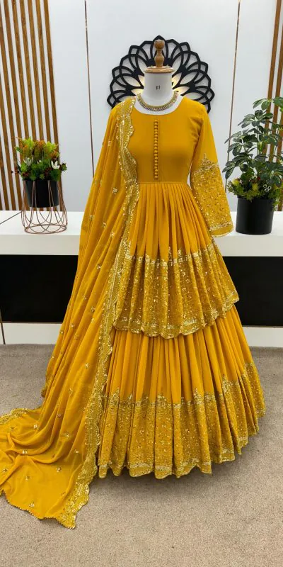 ZF 362 Yellow Faux Georgette With Heavy Embroidery Sequence Work Lehenga Choli Wedding, Party, Events Etc. Expected Delivery 4-6 Working Days 2099/- | Bollywood Lehenga, Creative Lehenga, Designer Lehenga, Embroidered Lehenga, Lehenga, Party Wear Lehenga