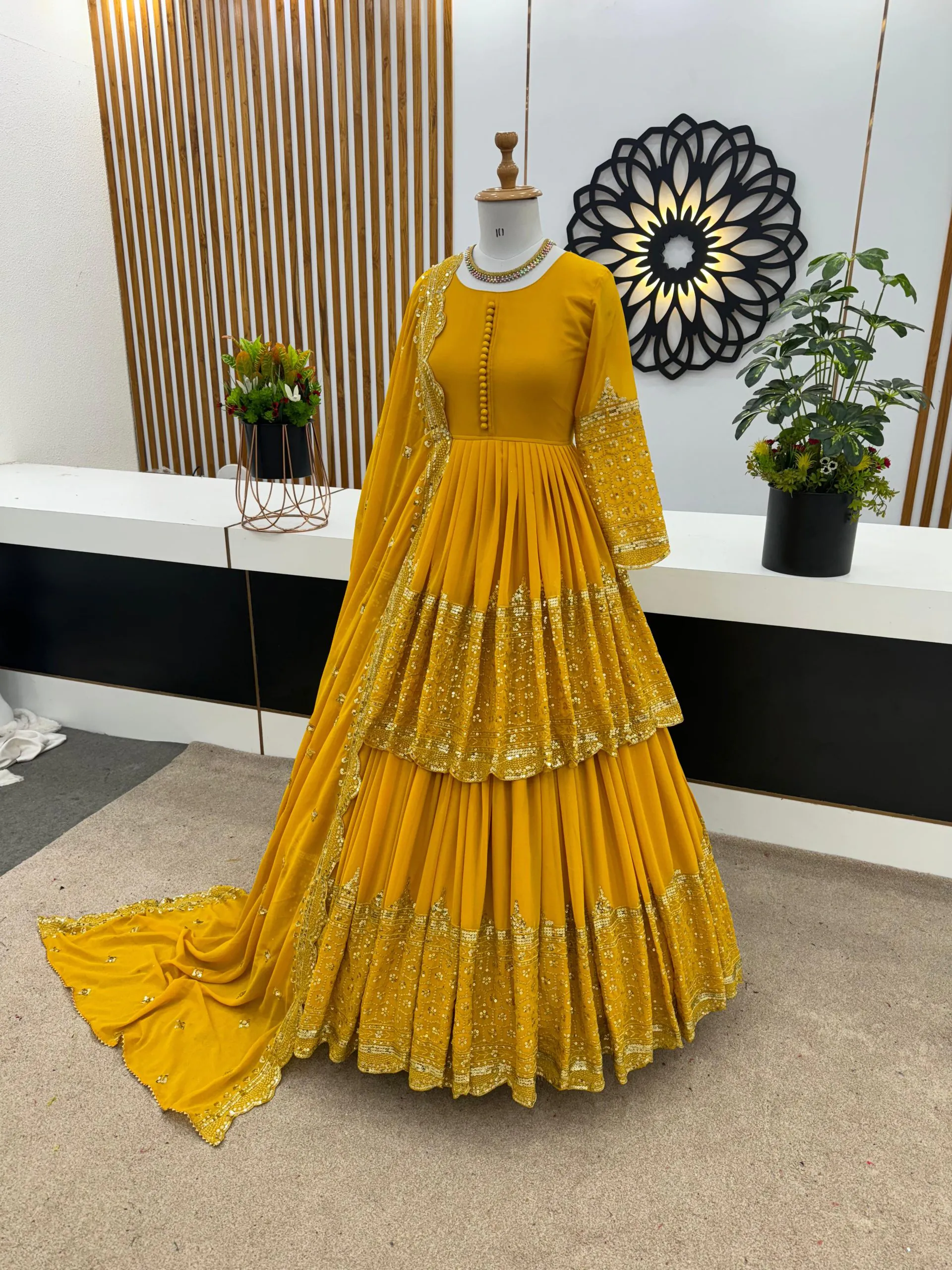 ZF 362 Yellow Faux Georgette With Heavy Embroidery Sequence Work Lehenga Choli Wedding, Party, Events Etc. Expected Delivery 4-6 Working Days 2099/- | Bollywood Lehenga, Creative Lehenga, Designer Lehenga, Embroidered Lehenga, Lehenga, Party Wear Lehenga