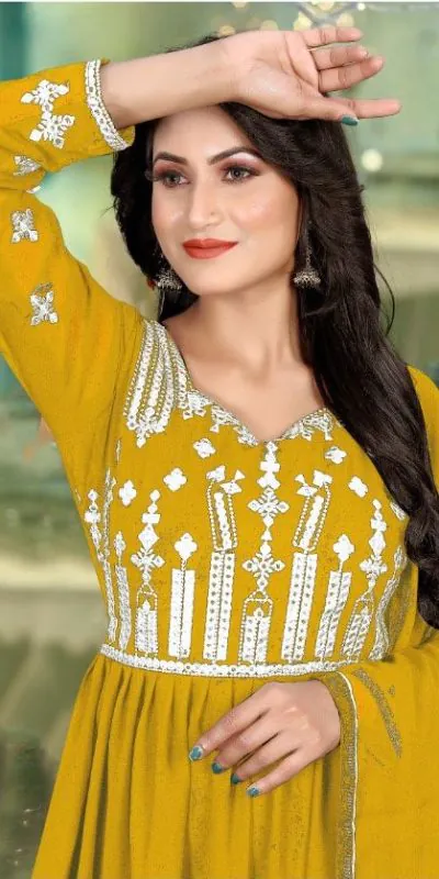 DS 1130 Yellow color Georgette with Foil Embroidery Stone Work Anarkali Suit Wedding, Party, Festive, Events Etc. Expected Delivery 4-6 Working Days @1999/- | Anarkali Suits, Bollywood Anarkali, Creative-Anarkali, Designer Anarkali, Embroidered Anarkali, Party Wear Anarkali