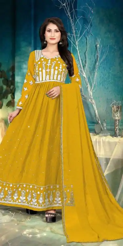 DS 1130 Yellow color Georgette with Foil Embroidery Stone Work Anarkali Suit Wedding, Party, Festive, Events Etc. Expected Delivery 4-6 Working Days @1999/- | Anarkali Suits, Bollywood Anarkali, Creative-Anarkali, Designer Anarkali, Embroidered Anarkali, Party Wear Anarkali