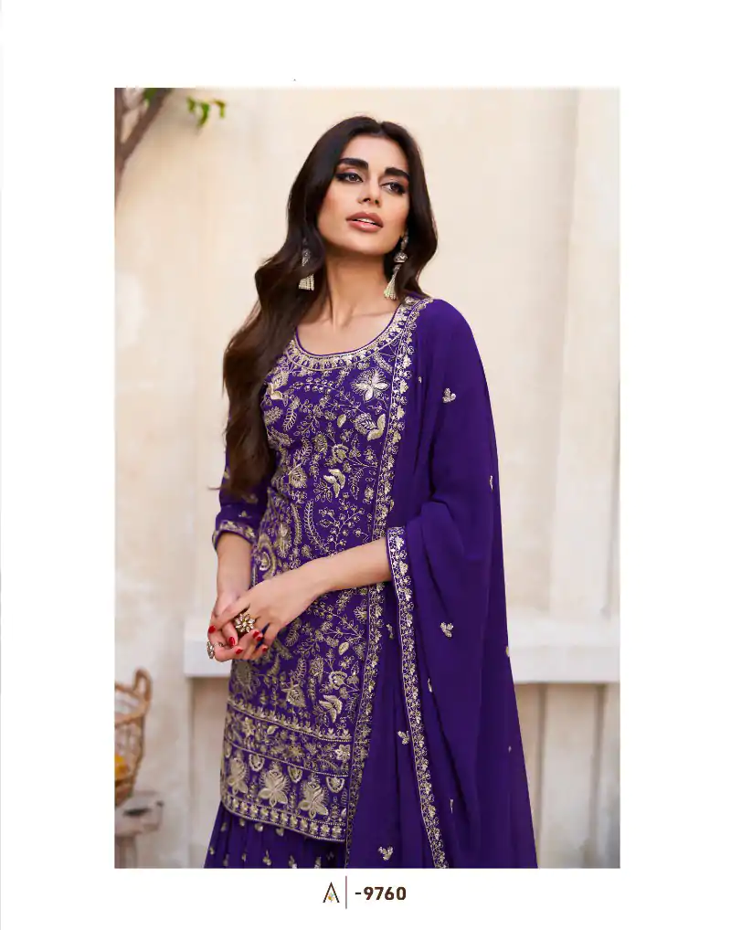 Fc Zohara 9759 Purple Top : Georgette Work : Heavy Embroidery Designer Work Bottom : Santoon Wedding, Party, Festive @3249/- | Jump Suits, Casual Suits, Creative suits, Designer Suits, Palazzo Suits, Party Wear Suits, Patiala Suits, Salwar suit, Straight Suits