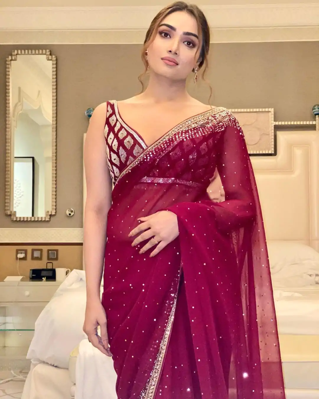 BT 3054 Maroon Saree : Georgette Work : Embroidery Sequence Work, Blouse : Banglory Silk Party Wear, Wedding Wear, Events Etc.@1749/- | Bollywood Sarees, Creative Sarees, Designer Sarees, Ethnic Saree, Modern Digital sarees, Party Wear Sarees, Sarees