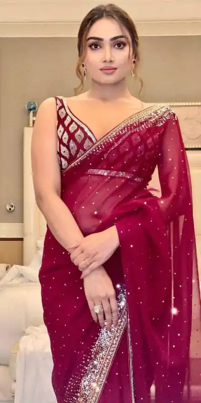 BT 3054 Maroon Saree : Georgette Work : Embroidery Sequence Work, Blouse : Banglory Silk Party Wear, Wedding Wear, Events Etc.@1749/- | Bollywood Sarees, Creative Sarees, Designer Sarees, Ethnic Saree, Modern Digital sarees, Party Wear Sarees, Sarees