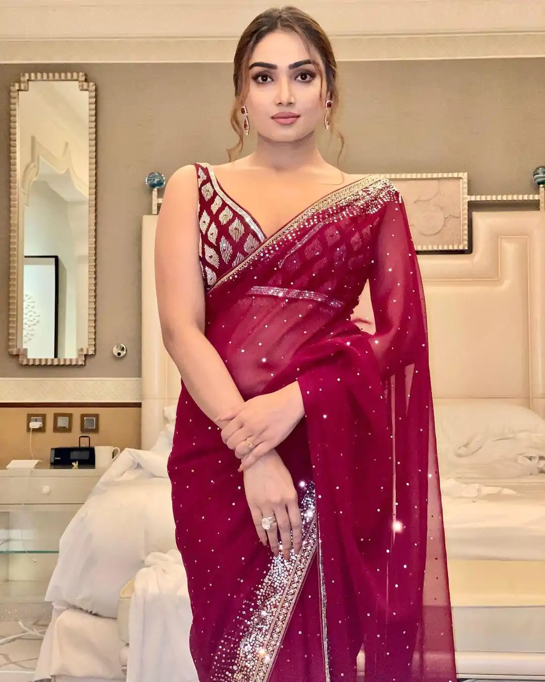 BT 3054 Maroon Saree : Georgette Work : Embroidery Sequence Work, Blouse : Banglory Silk Party Wear, Wedding Wear, Events Etc.@1749/- | Bollywood Sarees, Creative Sarees, Designer Sarees, Ethnic Saree, Modern Digital sarees, Party Wear Sarees, Sarees