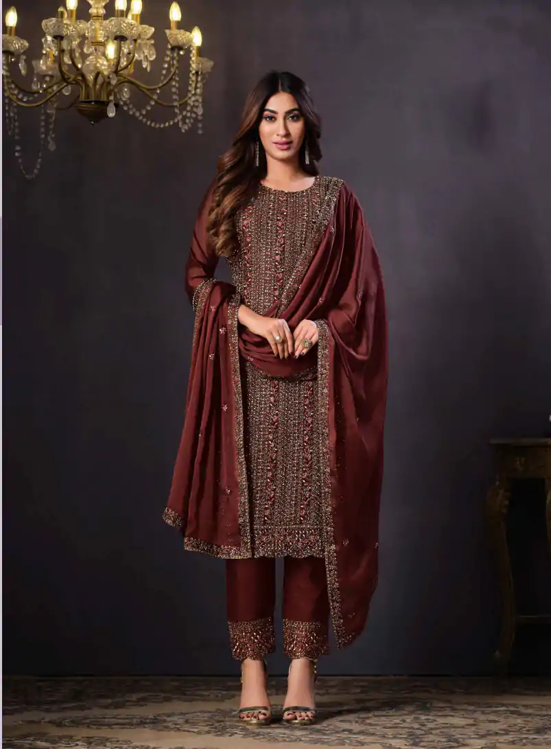 FC Vipul 5281 Brown Heavy rangoli with coding sequence Embroidery Work salwar suit Casual, Wedding, Festive, Events Etc. @2599 | Casual Suits, Creative suits, Designer Suits, Party Wear Suits, Salwar suit, Straight Suits