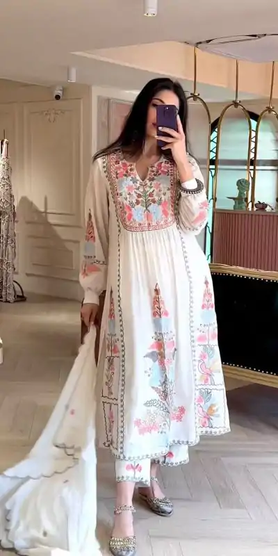 RTC 5541 White Color Salwar Suit : Faux Georgette Work : Embroidery Work Wedding, Traditionl Wear, Festive, Events @2099/- | Jump Suits, Casual Suits, Creative suits, Designer Suits, Palazzo Suits, Party Wear Suits, Salwar suit, Straight Suits