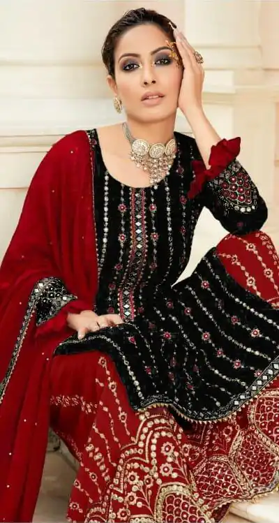 FC 9704 Black Top : Georgette Work : Embroidery Work, Mirror Work Wedding, Festive, Events Black Georgette Embroidered Sharara @2099 | Casual Suits, Creative suits, Designer Suits, Palazzo Suits, Party Wear Suits, Salwar suit, Straight Suits