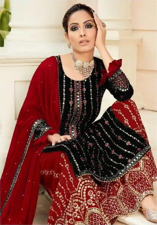 FC 9704 Black Top : Georgette Work : Embroidery Work, Mirror Work Wedding, Festive, Events Black Georgette Embroidered Sharara @2099 | Casual Suits, Creative suits, Designer Suits, Palazzo Suits, Party Wear Suits, Salwar suit, Straight Suits