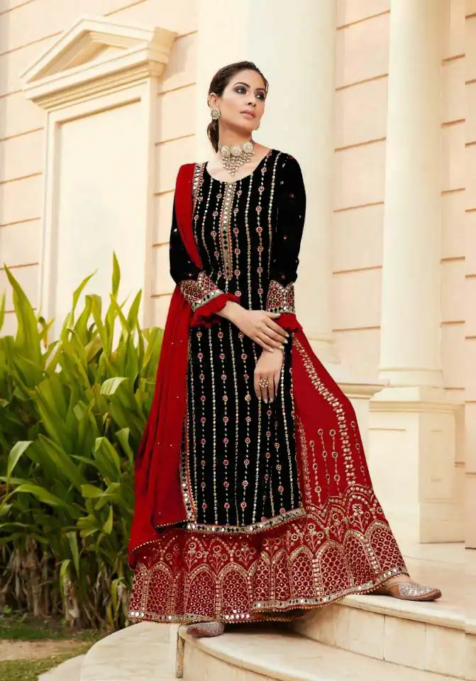 FC 9704 Black Top : Georgette Work : Embroidery Work, Mirror Work Wedding, Festive, Events Black Georgette Embroidered Sharara @2099 | Casual Suits, Creative suits, Designer Suits, Palazzo Suits, Party Wear Suits, Salwar suit, Straight Suits
