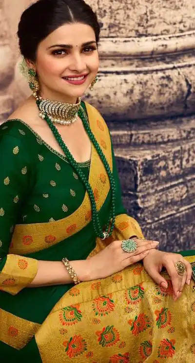 Exemplary Dark Green Saree : Georgette Work : Digital Print With Heavy Embroidered Lace Border Blouse : Banglori Silk Daily, Casual, Festive @1899/- | Bollywood Sarees, Creative Sarees, Designer Sarees, Embroidered Sarees, Ethnic Saree, Modern Digital sarees, Party Wear Sarees, Sarees