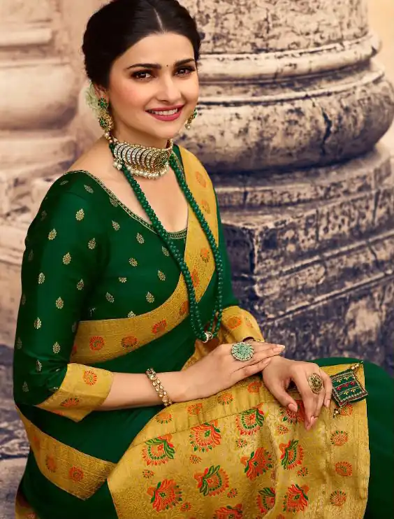 Exemplary Dark Green Saree : Georgette Work : Digital Print With Heavy Embroidered Lace Border Blouse : Banglori Silk Daily, Casual, Festive @1899/- | Bollywood Sarees, Creative Sarees, Designer Sarees, Embroidered Sarees, Ethnic Saree, Modern Digital sarees, Party Wear Sarees, Sarees