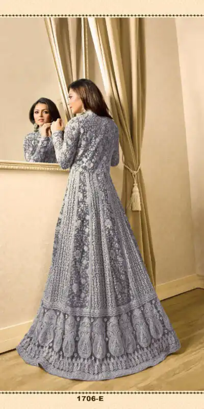 LT 1706 GreyColor: GreyFabrics: Top Fabric :Georgette Bottom Fabric : Santoon Dupatta Fabric : NazmeenStitch Type: Semi-Sttiched | Anarkali Suits, Bollywood Anarkali, Creative-Anarkali, Designer Anarkali, Embroidered Anarkali, Party Wear Anarkali