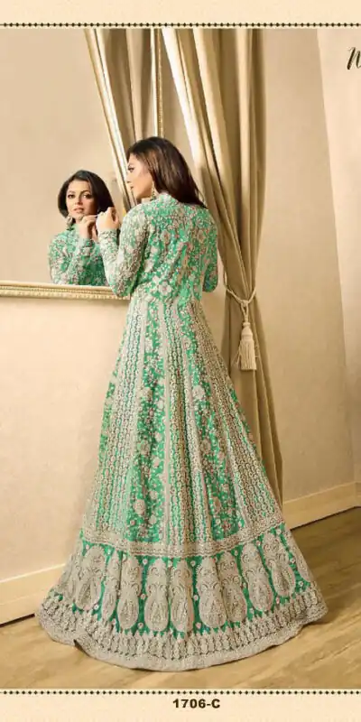 T 1706 Light GreenColor: Light GreenFabrics: Top Fabric :Georgette Bottom Fabric : Santoon Dupatta Fabric : NazmeenStitch Type: Semi-Sttiched | Anarkali Suits, Bollywood Anarkali, Creative-Anarkali, Designer Anarkali, Embroidered Anarkali, Party Wear Anarkali