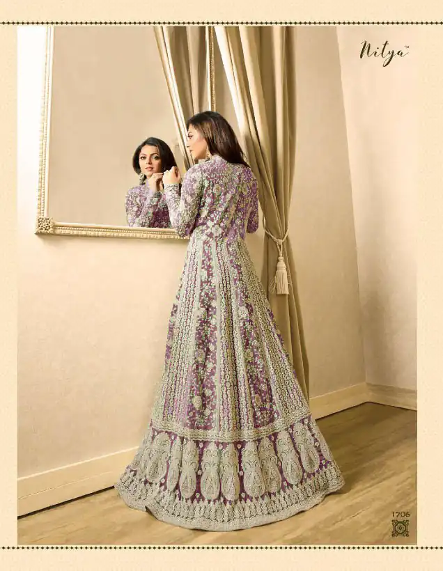 LT 1706 PurpleColor: PurpleFabrics: Top Fabric :Georgette Bottom Fabric : Santoon Dupatta Fabric : NazmeenStitch Type: Semi-Sttiched | Anarkali Suits, Bollywood Anarkali, Creative-Anarkali, Designer Anarkali, Embroidered Anarkali, Party Wear Anarkali