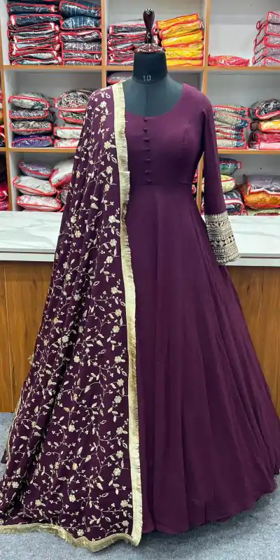 KB 241 Wine color Pure Soft Faux Georgette Anarkali Suit Casual, Wedding, Party, Festive, Events Etc. Expected Delivery 4-6 Working Days @2199/- | Anarkali Suits, Bollywood Anarkali, Creative-Anarkali, Designer Anarkali, Embroidered Anarkali, Party Wear Anarkali