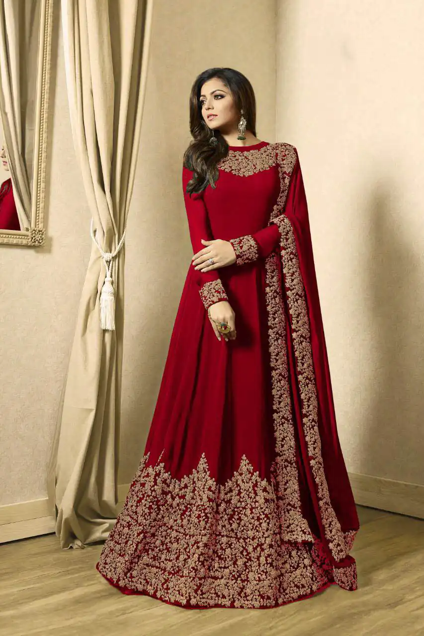 Color : RedSet Content : 1 Top :: 1 Bottom :: 1 DupattaFabrics : Top Fabric :Georgette Bottom Fabric : Santoon Dupatta Fabric :Nazmeen | Anarkali Suits, Bollywood Anarkali, Creative-Anarkali, Designer Anarkali, Embroidered Anarkali, Party Wear Anarkali