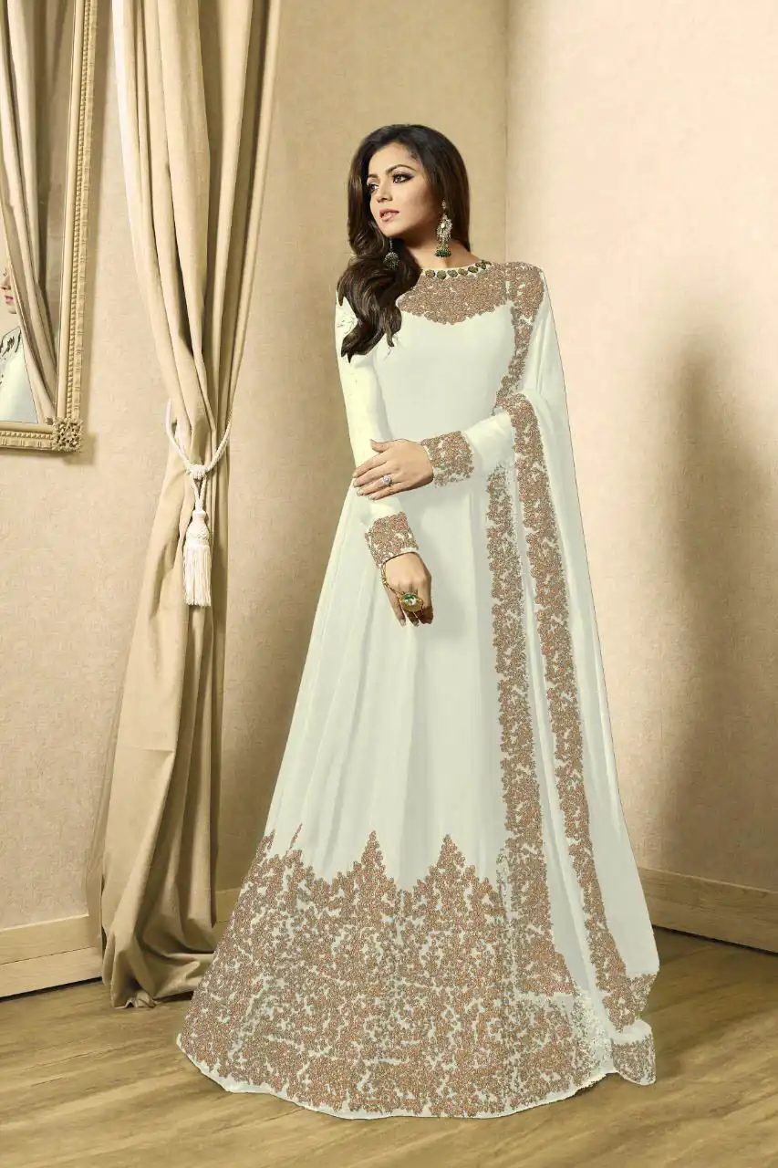 Color : White Set Content : 1 Top :: 1 Bottom :: 1 DupattaFabrics : Top Fabric :Georgette Bottom Fabric : Santoon Dupatta Fabric :Nazmeen | Anarkali Suits, Bollywood Anarkali, Creative-Anarkali, Designer Anarkali, Embroidered Anarkali, Party Wear Anarkali