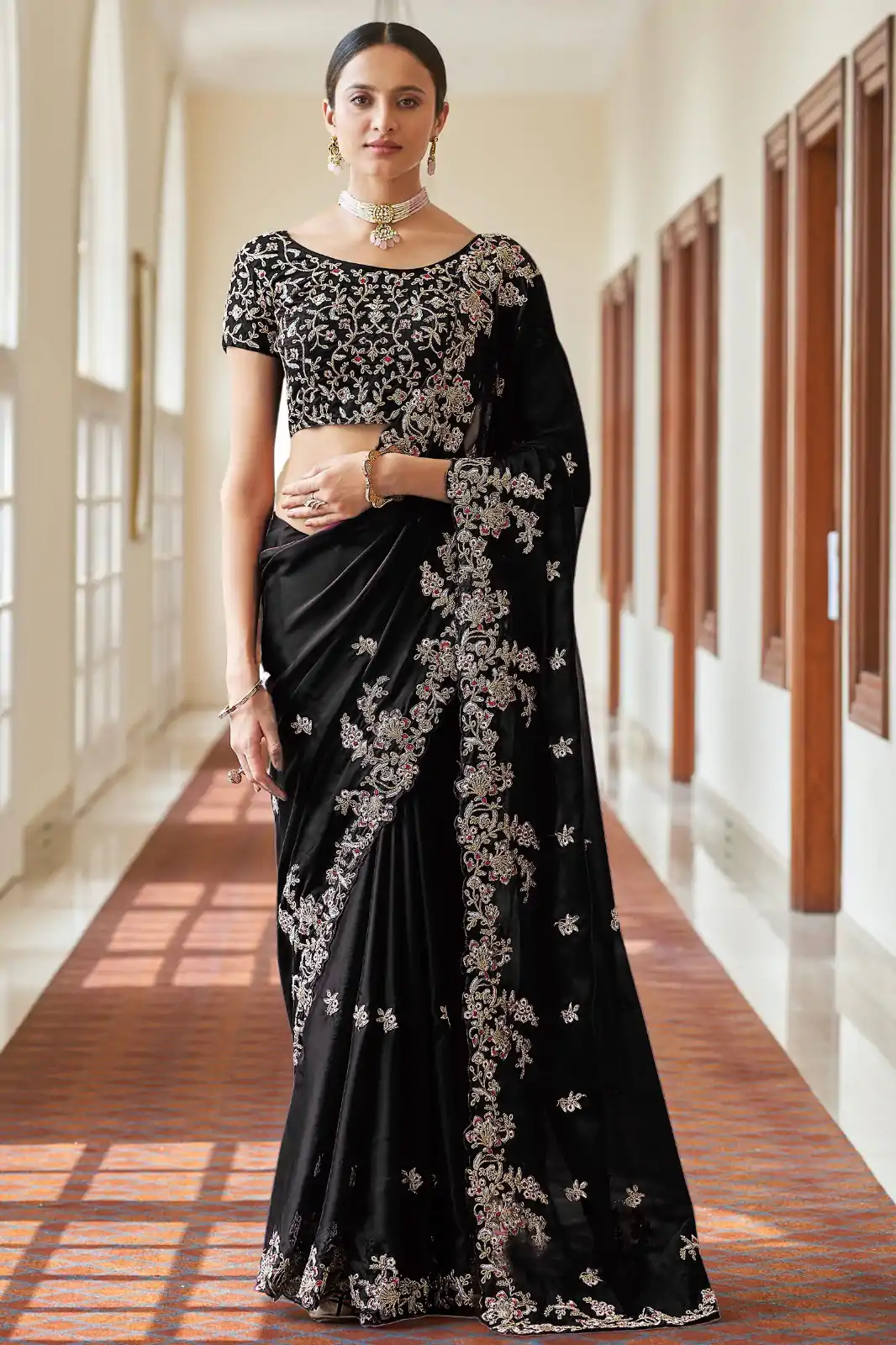 BT 180 Black Saree : Kasturi Silk Georgette Work : Zari & Thread Work, Blouse : Kasturi Silk Party Wear, Traditional Wear, Wedding Wear, Events Etc.@1849/- | Bollywood Sarees, Creative Sarees, Designer Sarees, Ethnic Saree, Modern Digital sarees, Party Wear Sarees, Sarees