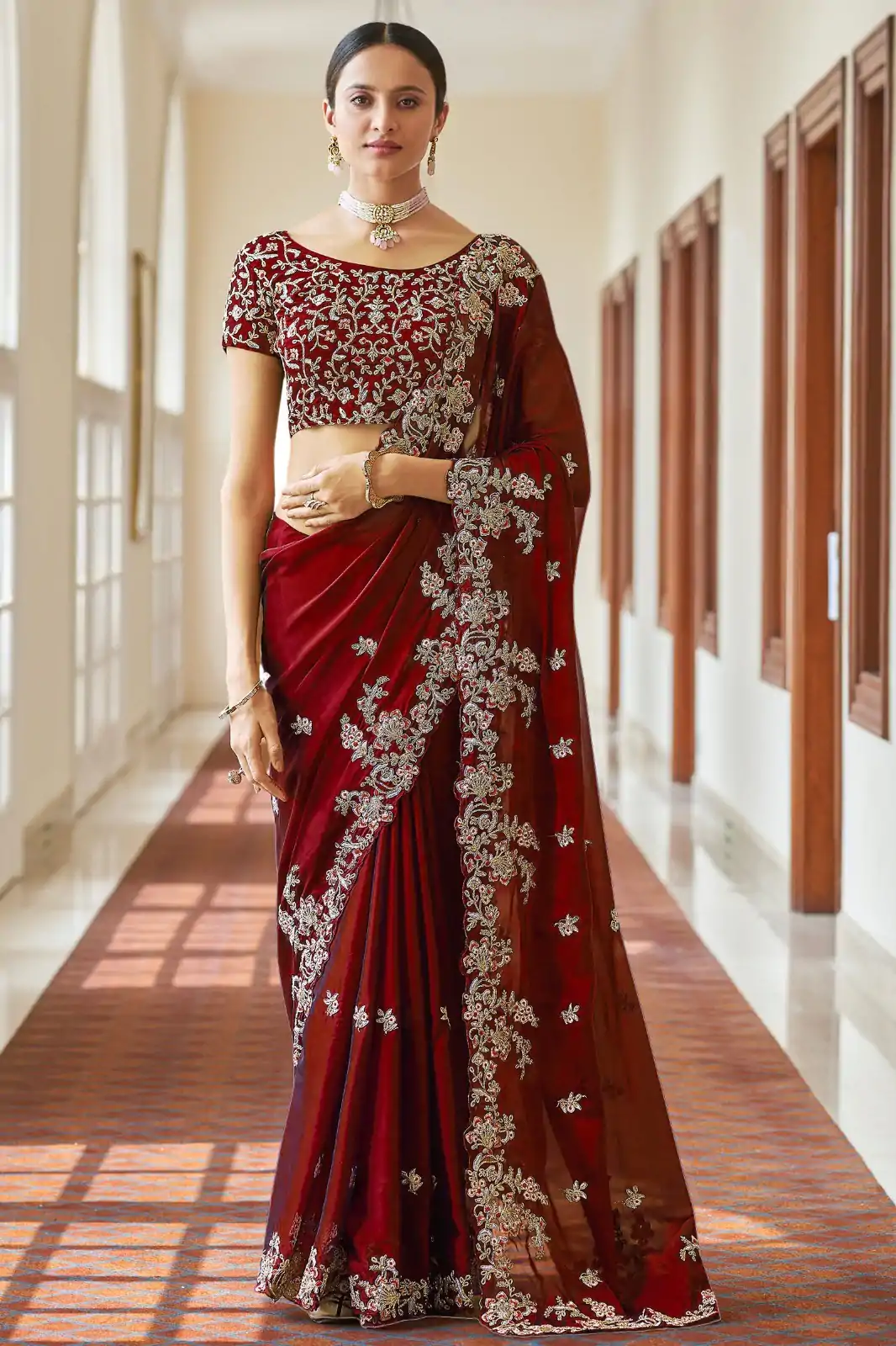BT 180 Maroon Saree : Kasturi Silk Georgette Work : Zari & Thread Work, Blouse : Kasturi Silk Party Wear, Traditional Wear, Wedding Wear, Events Etc.@1849/- | Bollywood Sarees, Creative Sarees, Designer Sarees, Ethnic Saree, Modern Digital sarees, Party Wear Sarees, Sarees