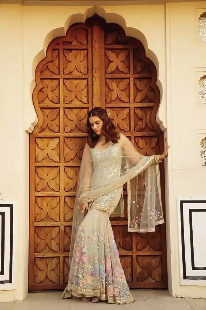 NSR 561 Off White Top : Soft Butterfly Net Sharara : Soft Butterfly Net Work : Embroidery With Heavy Sequence Work Wedding, Party, @2199/- | Casual Suits, Creative suits, Designer Suits, Palazzo Suits, Party Wear Suits, Salwar suit, Straight Suits