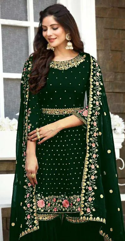Ds 003821 Green color Georgette Embroidery Stone work Sharara suit Wedding, Party, Festive, Events Etc. Expected Delivery 4-6 Working Days @2299/- | Casual Suits, Creative suits, Designer Suits, Palazzo Suits, Party Wear Suits, Salwar suit, Straight Suits
