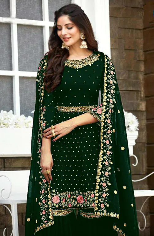 Ds 003821 Green color Georgette Embroidery Stone work Sharara suit Wedding, Party, Festive, Events Etc. Expected Delivery 4-6 Working Days @2299/- | Casual Suits, Creative suits, Designer Suits, Palazzo Suits, Party Wear Suits, Salwar suit, Straight Suits